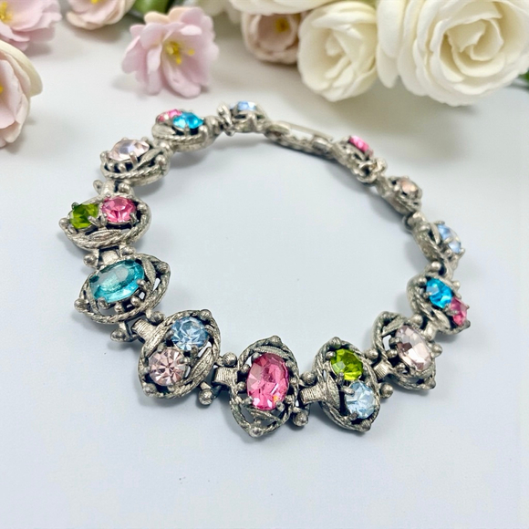 Hollycraft Jewelry - Vintage Hollycraft Fruit Salad Bracelet – Multicolor Rhinestone Statement.